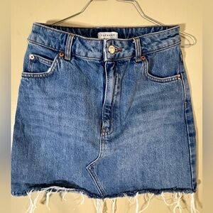 Topshop Medium Wash Frayed Denim Blue Jean Mini Skirt